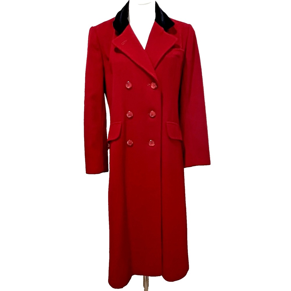 KAREN Womens Wool Long Coat M Red Black Velvet Collar Double Breasted Vintage